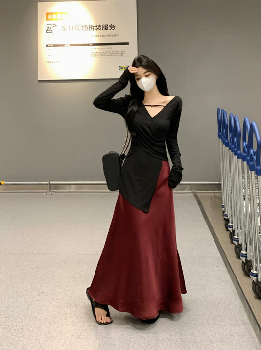Novelty V Neck Two-Piece Set Maxi Dresses Long Sleeve Asymmetric Hem Blouse Slit Skirt A-Line Long Dress AP3575