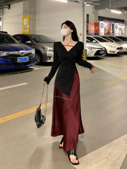 Novelty V Neck Two-Piece Set Maxi Dresses Long Sleeve Asymmetric Hem Blouse Slit Skirt A-Line Long Dress AP3575