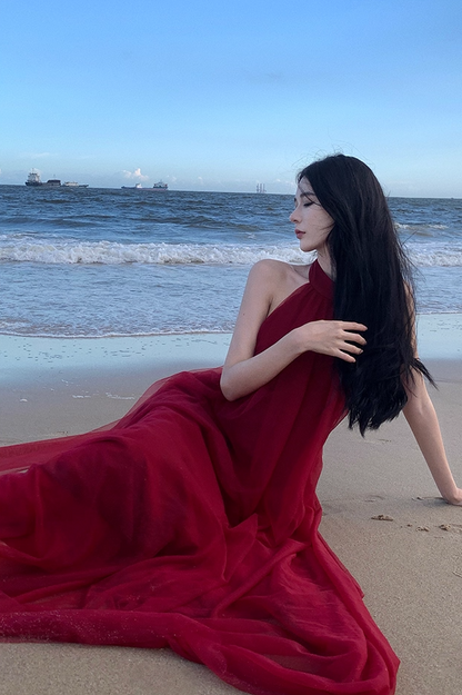 Stunning Sleeveless Tulle Layered Evening Maxi Dress Sexy A-Line Backless Red Halter Long Dress AP3576