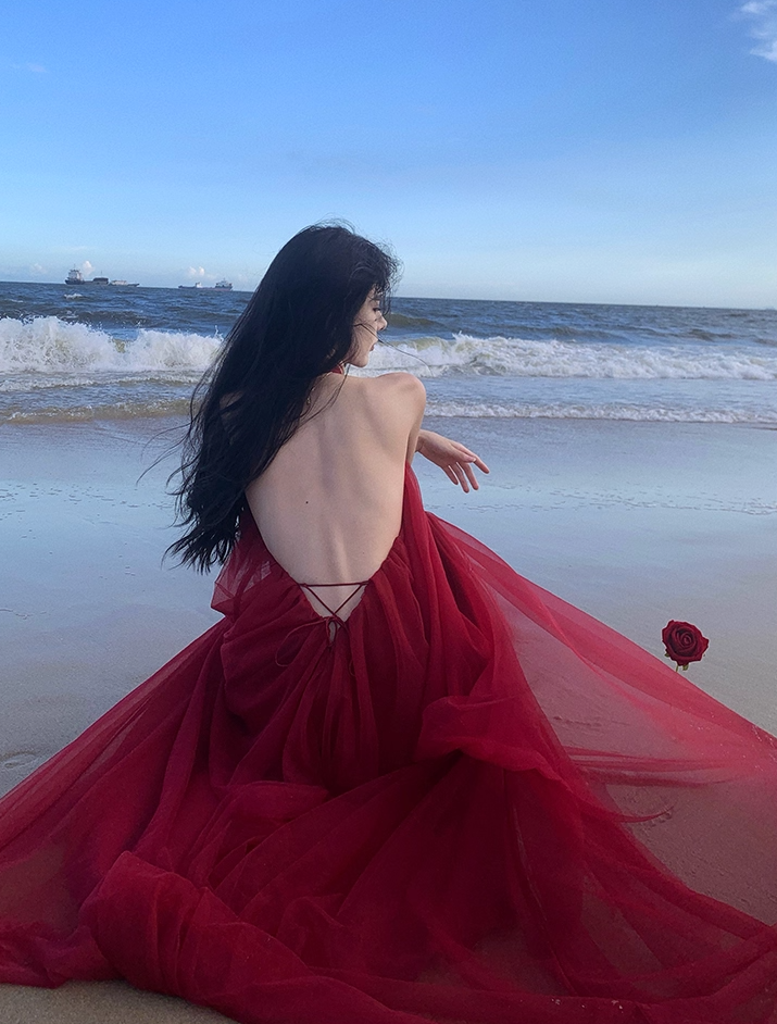 Stunning Sleeveless Tulle Layered Evening Maxi Dress Sexy A-Line Backless Red Halter Long Dress AP3576