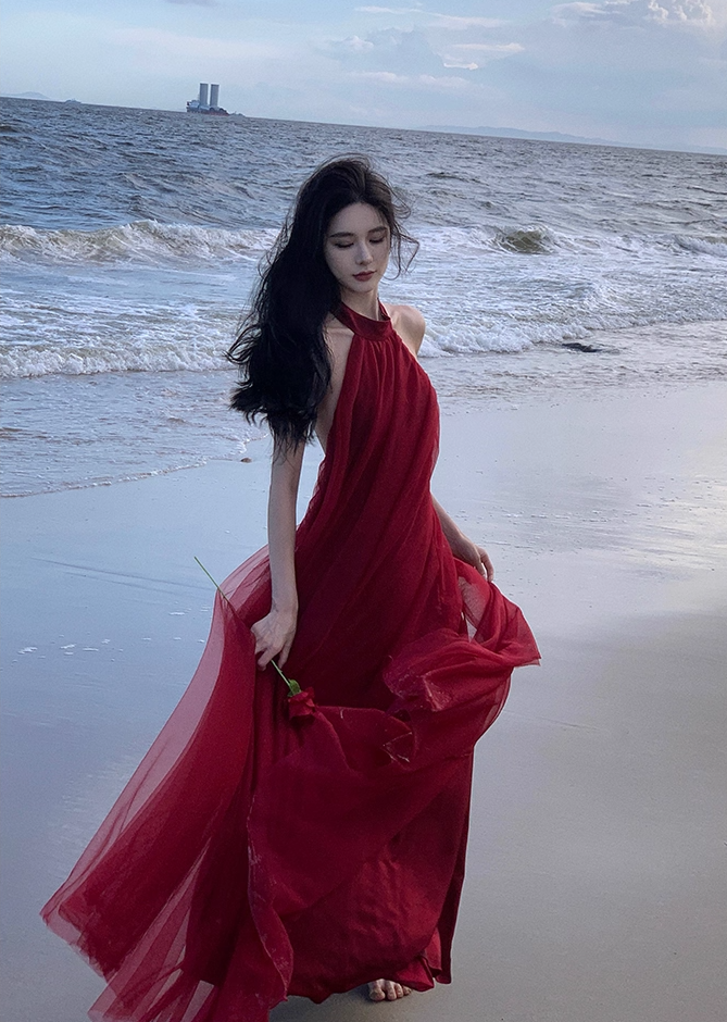 Stunning Sleeveless Tulle Layered Evening Maxi Dress Sexy A-Line Backless Red Halter Long Dress AP3576