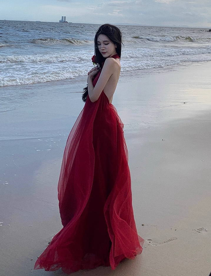 Stunning Sleeveless Tulle Layered Evening Maxi Dress Sexy A-Line Backless Red Halter Long Dress AP3576