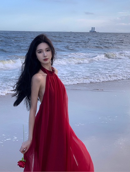 Stunning Sleeveless Tulle Layered Evening Maxi Dress Sexy A-Line Backless Red Halter Long Dress AP3576