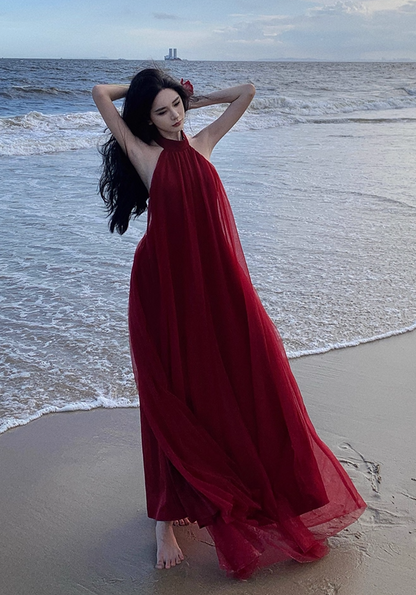 Stunning Sleeveless Tulle Layered Evening Maxi Dress Sexy A-Line Backless Red Halter Long Dress AP3576