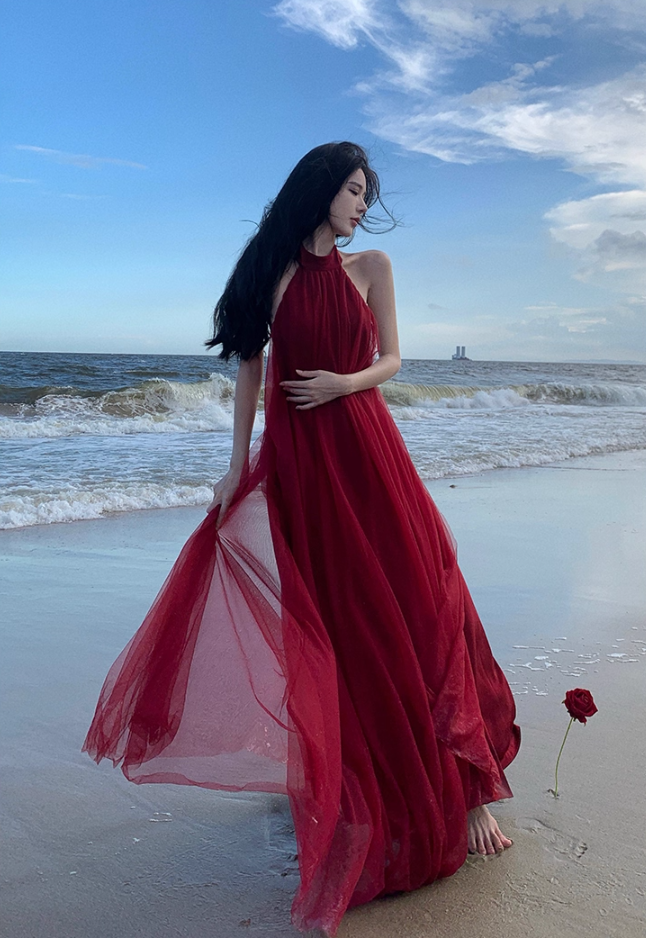 Stunning Sleeveless Tulle Layered Evening Maxi Dress Sexy A-Line Backless Red Halter Long Dress AP3576