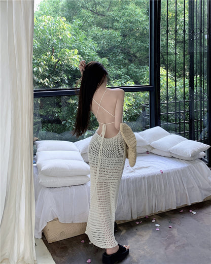 Dramatic Mermaid Vacays OOTD Crisscross Back Maxi Dress Alluring Spaghetti Straps Bikini Cover-Up Cutout Long Dress AP3577