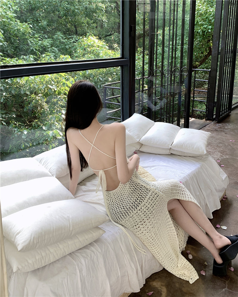 Dramatic Mermaid Vacays OOTD Crisscross Back Maxi Dress Alluring Spaghetti Straps Bikini Cover-Up Cutout Long Dress AP3577