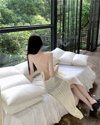 Dramatic Mermaid Vacays OOTD Crisscross Back Maxi Dress Alluring Spaghetti Straps Bikini Cover-Up Cutout Long Dress AP3577