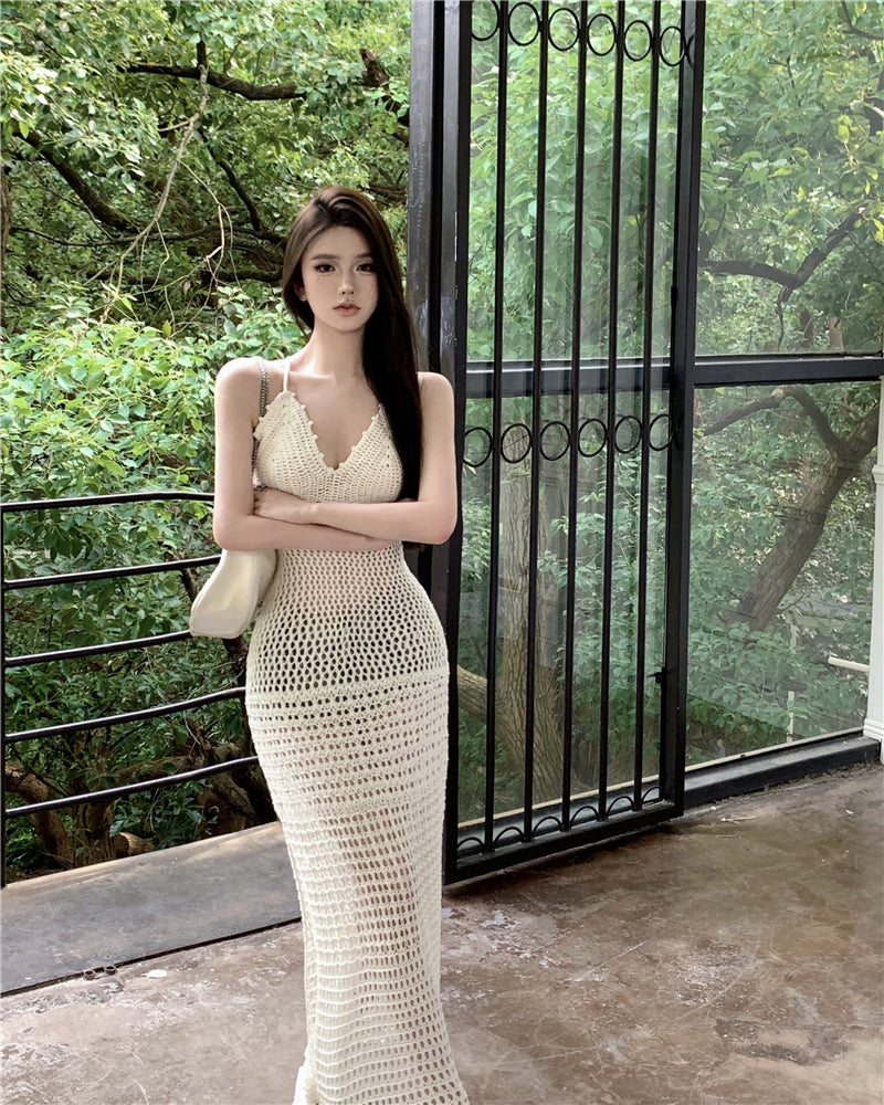 Dramatic Mermaid Vacays OOTD Crisscross Back Maxi Dress Alluring Spaghetti Straps Bikini Cover-Up Cutout Long Dress AP3577