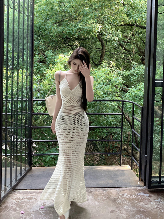 Dramatic Mermaid Vacays OOTD Crisscross Back Maxi Dress Alluring Spaghetti Straps Bikini Cover-Up Cutout Long Dress AP3577