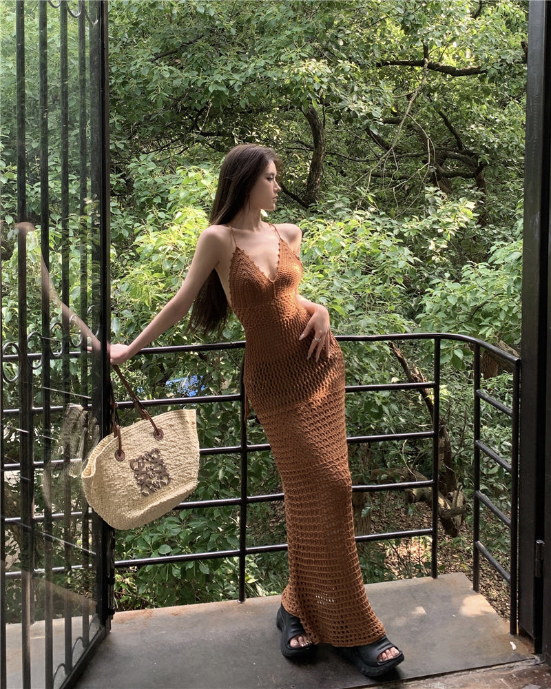 Glamorous Spaghetti Straps Bikini Cover-Up Mermaid Maxi Dress Vintage Slit Crisscross Back Cutout Long Dress AP3578