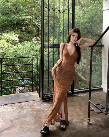 Glamorous Spaghetti Straps Bikini Cover-Up Mermaid Maxi Dress Vintage Slit Crisscross Back Cutout Long Dress AP3578