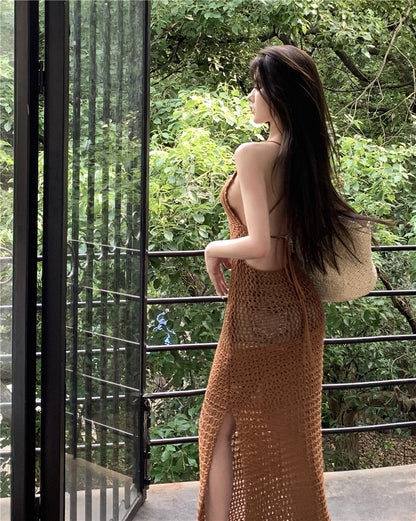 Glamorous Spaghetti Straps Bikini Cover-Up Mermaid Maxi Dress Vintage Slit Crisscross Back Cutout Long Dress AP3578