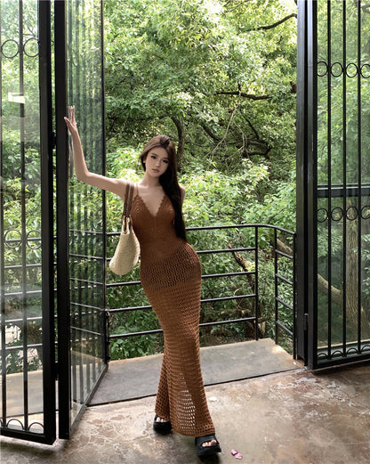 Glamorous Spaghetti Straps Bikini Cover-Up Mermaid Maxi Dress Vintage Slit Crisscross Back Cutout Long Dress AP3578