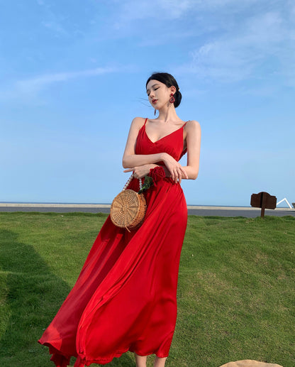 Glam A-Line Backless Red Maxi Dress Hottie Outfit Spaghetti Straps Cinched-Wasit Long Dress AP3579