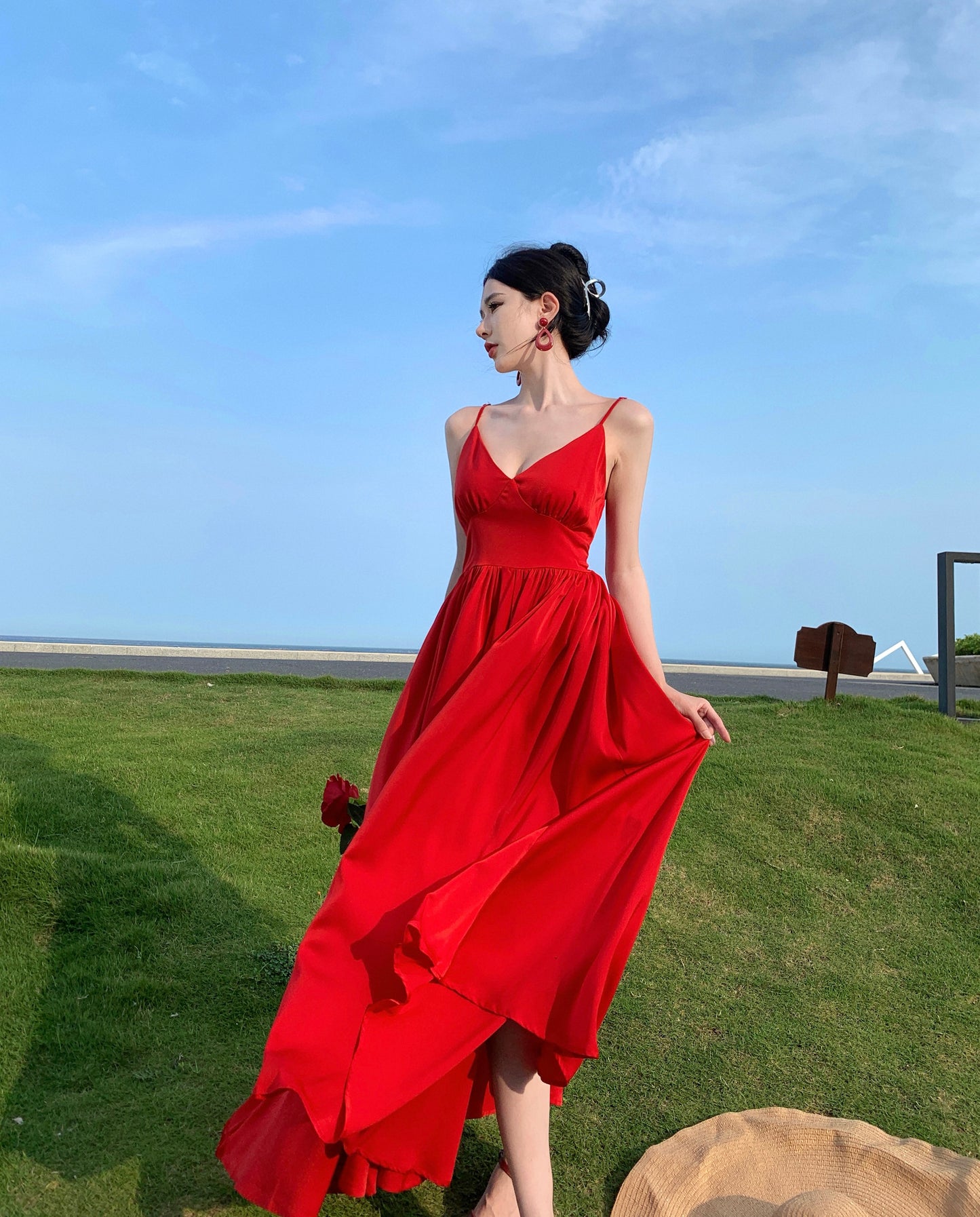 Glam A-Line Backless Red Maxi Dress Hottie Outfit Spaghetti Straps Cinched-Wasit Long Dress AP3579