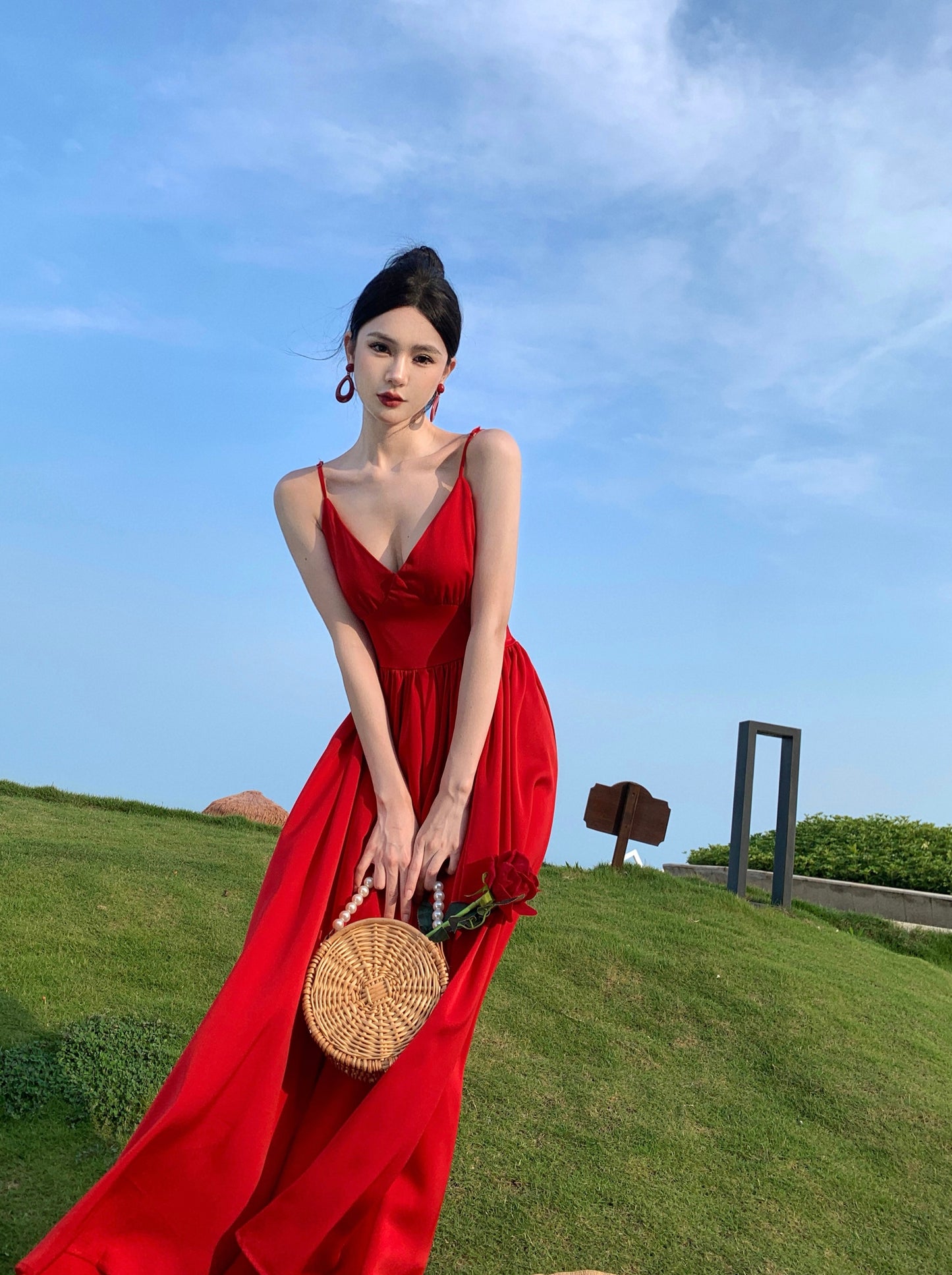 Glam A-Line Backless Red Maxi Dress Hottie Outfit Spaghetti Straps Cinched-Wasit Long Dress AP3579
