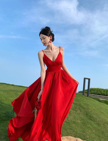 Glam A-Line Backless Red Maxi Dress Hottie Outfit Spaghetti Straps Cinched-Wasit Long Dress AP3579