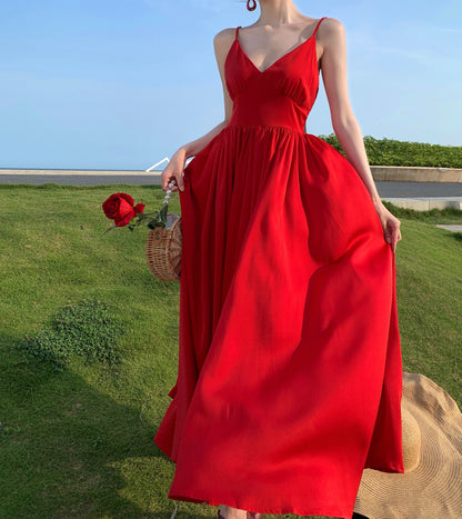 Glam A-Line Backless Red Maxi Dress Hottie Outfit Spaghetti Straps Cinched-Wasit Long Dress AP3579