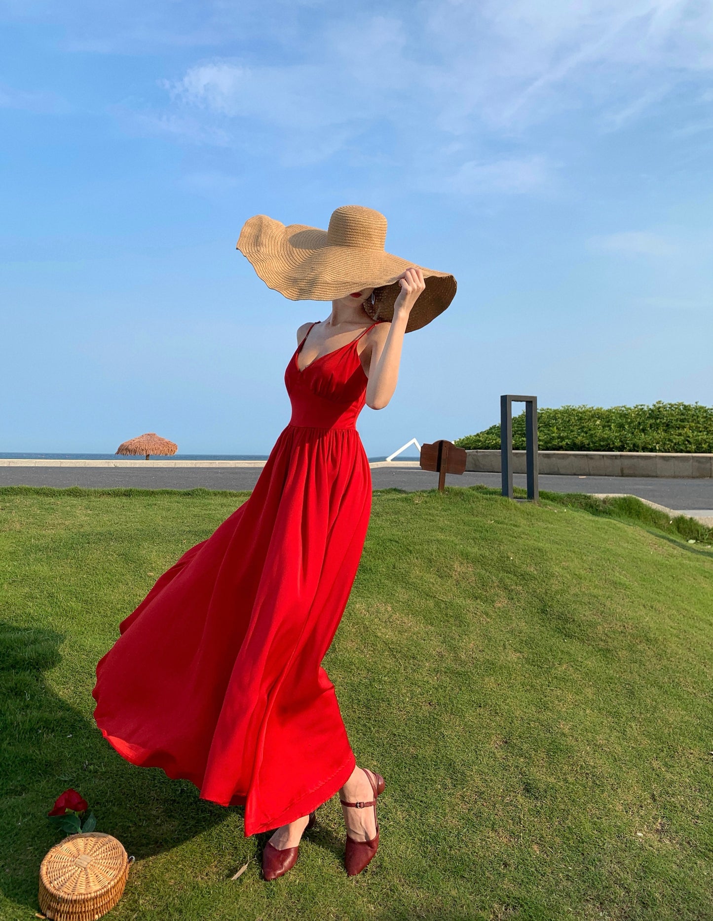 Glam A-Line Backless Red Maxi Dress Hottie Outfit Spaghetti Straps Cinched-Wasit Long Dress AP3579