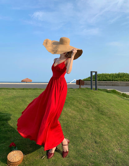 Glam A-Line Backless Red Maxi Dress Hottie Outfit Spaghetti Straps Cinched-Wasit Long Dress AP3579