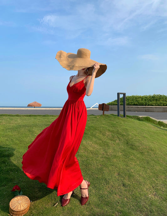 Glam A-Line Backless Red Maxi Dress Hottie Outfit Spaghetti Straps Cinched-Wasit Long Dress AP3579