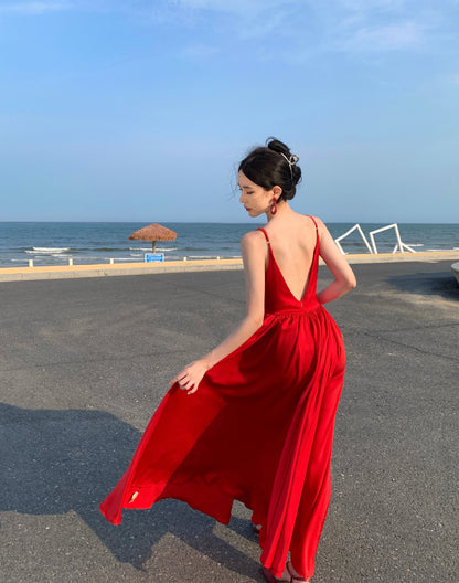 Glam A-Line Backless Red Maxi Dress Hottie Outfit Spaghetti Straps Cinched-Wasit Long Dress AP3579