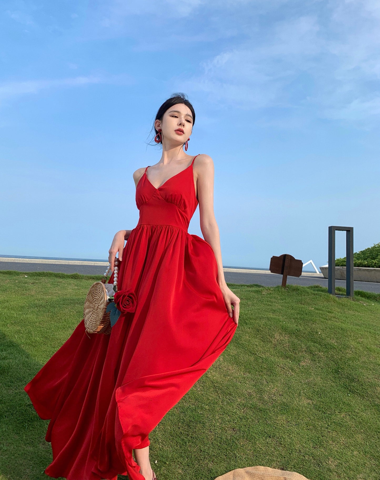 Glam A-Line Backless Red Maxi Dress Hottie Outfit Spaghetti Straps Cinched-Wasit Long Dress AP3579