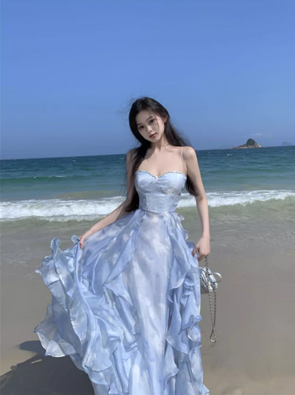 Gorgeous Spaghetti Straps Tie-Dye Beading Design Maxi Dress Chic Vacays Outfit A-Line Ruffles Trim Long Dress AP3580