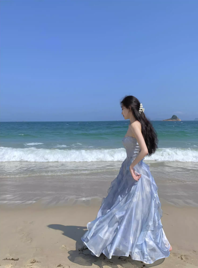 Gorgeous Spaghetti Straps Tie-Dye Beading Design Maxi Dress Chic Vacays Outfit A-Line Ruffles Trim Long Dress AP3580