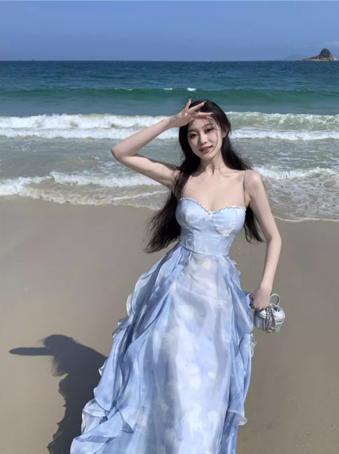 Gorgeous Spaghetti Straps Tie-Dye Beading Design Maxi Dress Chic Vacays Outfit A-Line Ruffles Trim Long Dress AP3580