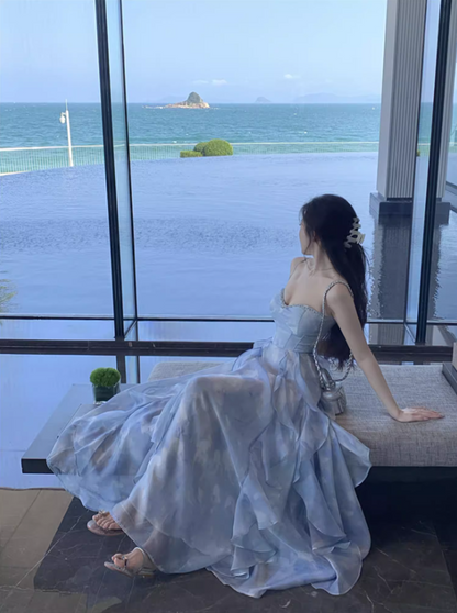 Gorgeous Spaghetti Straps Tie-Dye Beading Design Maxi Dress Chic Vacays Outfit A-Line Ruffles Trim Long Dress AP3580