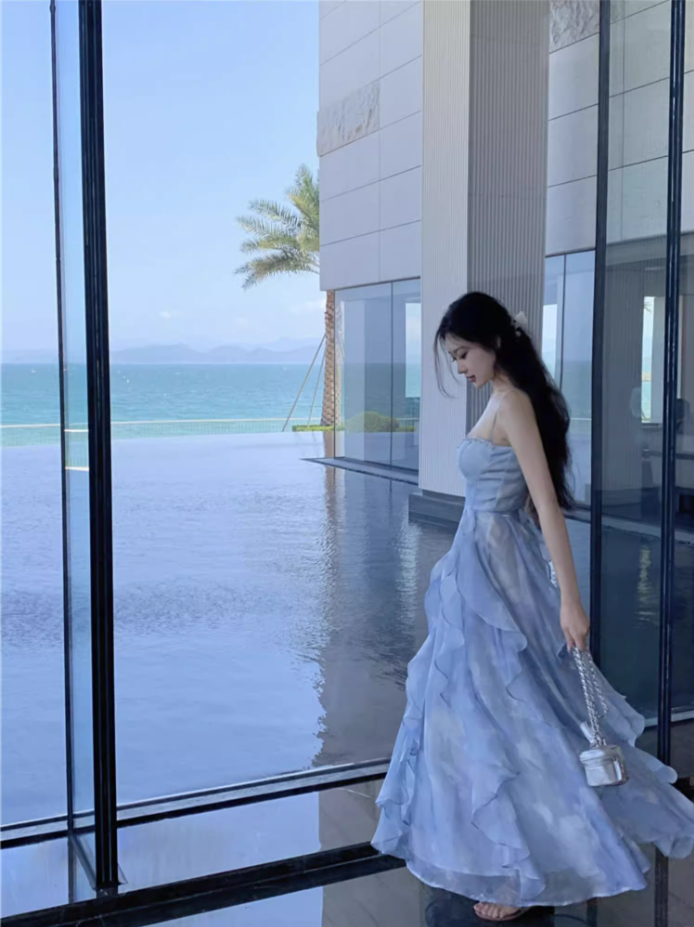 Gorgeous Spaghetti Straps Tie-Dye Beading Design Maxi Dress Chic Vacays Outfit A-Line Ruffles Trim Long Dress AP3580