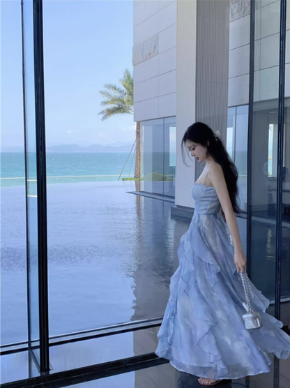 Gorgeous Spaghetti Straps Tie-Dye Beading Design Maxi Dress Chic Vacays Outfit A-Line Ruffles Trim Long Dress AP3580