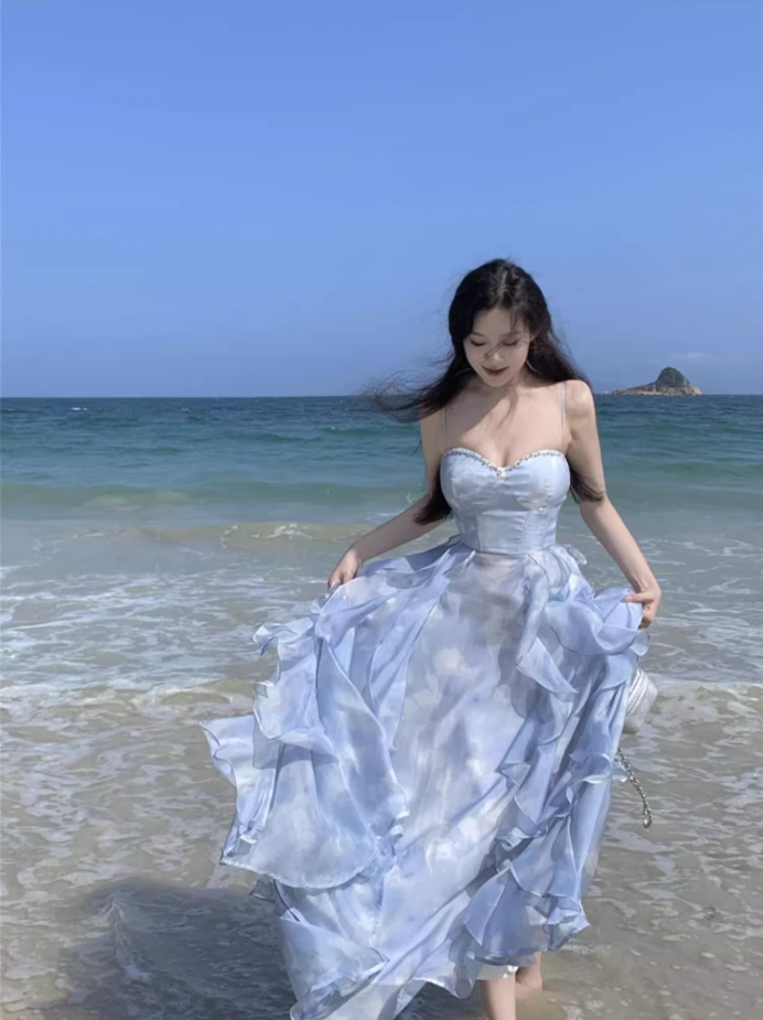 Gorgeous Spaghetti Straps Tie-Dye Beading Design Maxi Dress Chic Vacays Outfit A-Line Ruffles Trim Long Dress AP3580