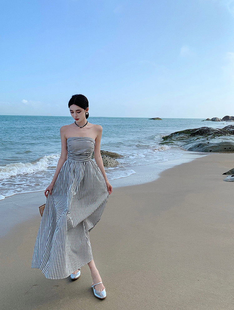 Alluring Strapless Zebra Stripes A-Line Maxi Dresses Vogue Cinched Bodice Everyday Wear Long Dress AP3581