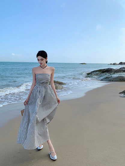 Alluring Strapless Zebra Stripes A-Line Maxi Dresses Vogue Cinched Bodice Everyday Wear Long Dress AP3581