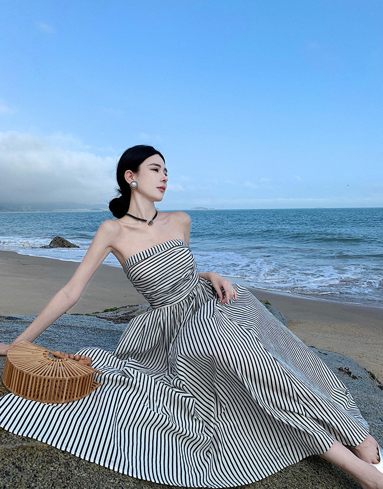 Alluring Strapless Zebra Stripes A-Line Maxi Dresses Vogue Cinched Bodice Everyday Wear Long Dress AP3581