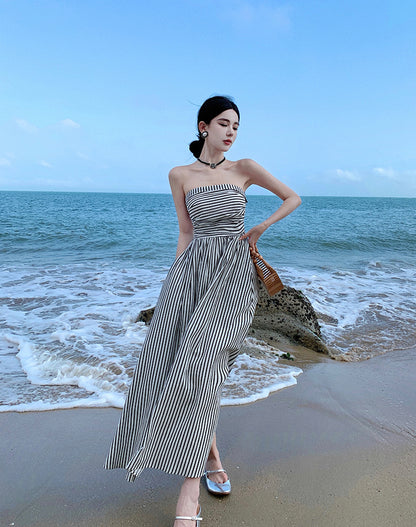 Alluring Strapless Zebra Stripes A-Line Maxi Dresses Vogue Cinched Bodice Everyday Wear Long Dress AP3581