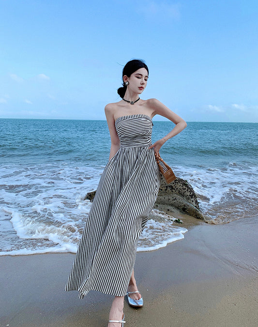 Alluring Strapless Zebra Stripes A-Line Maxi Dresses Vogue Cinched Bodice Everyday Wear Long Dress AP3581