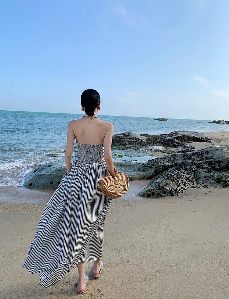 Alluring Strapless Zebra Stripes A-Line Maxi Dresses Vogue Cinched Bodice Everyday Wear Long Dress AP3581