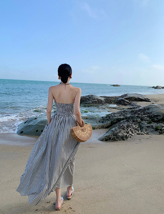 Alluring Strapless Zebra Stripes A-Line Maxi Dresses Vogue Cinched Bodice Everyday Wear Long Dress AP3581