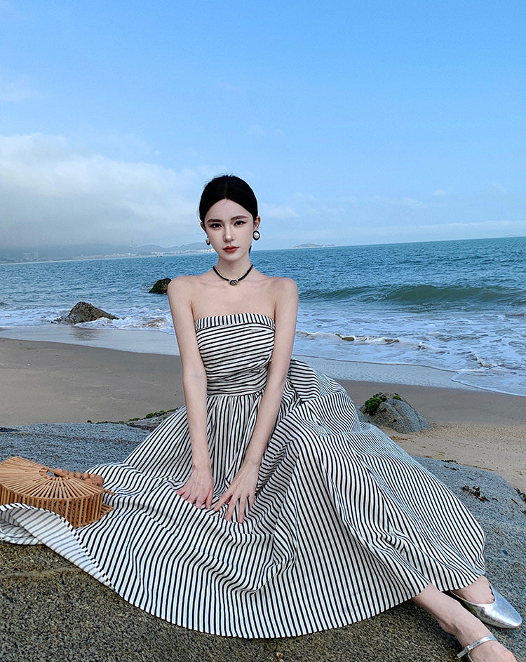 Alluring Strapless Zebra Stripes A-Line Maxi Dresses Vogue Cinched Bodice Everyday Wear Long Dress AP3581