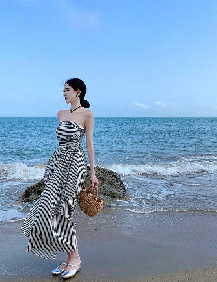 Alluring Strapless Zebra Stripes A-Line Maxi Dresses Vogue Cinched Bodice Everyday Wear Long Dress AP3581