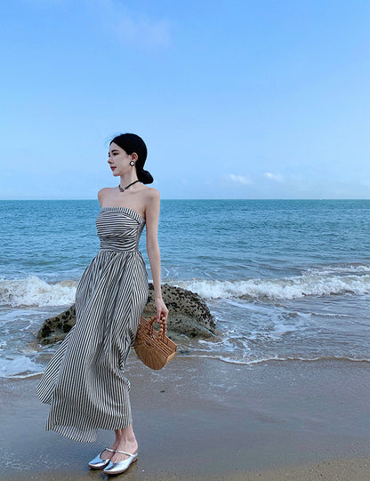 Alluring Strapless Zebra Stripes A-Line Maxi Dresses Vogue Cinched Bodice Everyday Wear Long Dress AP3581