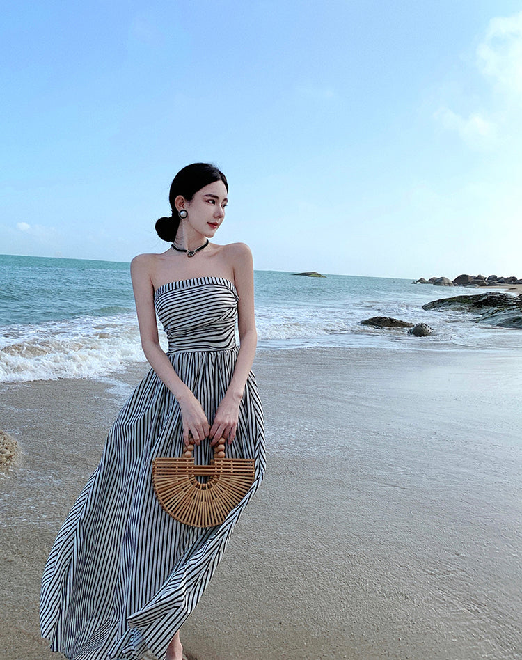 Alluring Strapless Zebra Stripes A-Line Maxi Dresses Vogue Cinched Bodice Everyday Wear Long Dress AP3581