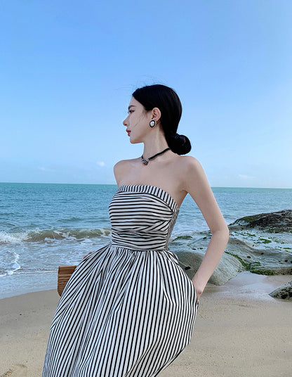 Alluring Strapless Zebra Stripes A-Line Maxi Dresses Vogue Cinched Bodice Everyday Wear Long Dress AP3581