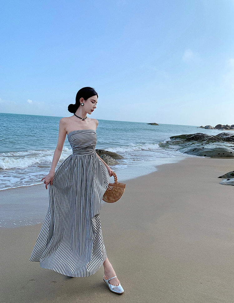 Alluring Strapless Zebra Stripes A-Line Maxi Dresses Vogue Cinched Bodice Everyday Wear Long Dress AP3581