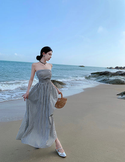 Alluring Strapless Zebra Stripes A-Line Maxi Dresses Vogue Cinched Bodice Everyday Wear Long Dress AP3581