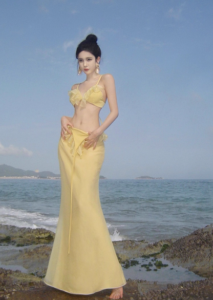 Ethereal Spaghetti Straps Mermaid Vacays OOTD Maxi Dress Alluring Ruffles Trim Yellow Long Dress AP3582
